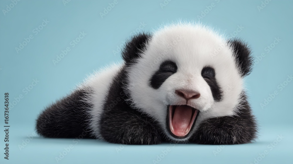 Fototapeta premium A playful baby panda lounging and yawning against a soft blue background.