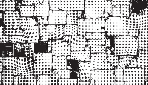 Distressed black and white halftone brick wall creates a textured, abstract background with a unique, vintage feel showcasing a grunge design with dotted patterns for graphic design needs