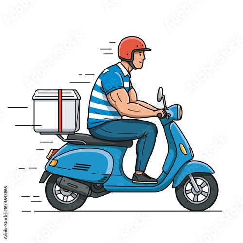Smiling delivery man in a helmet riding a blue motor scooter for a fast and efficient courier service, isolated on a white background