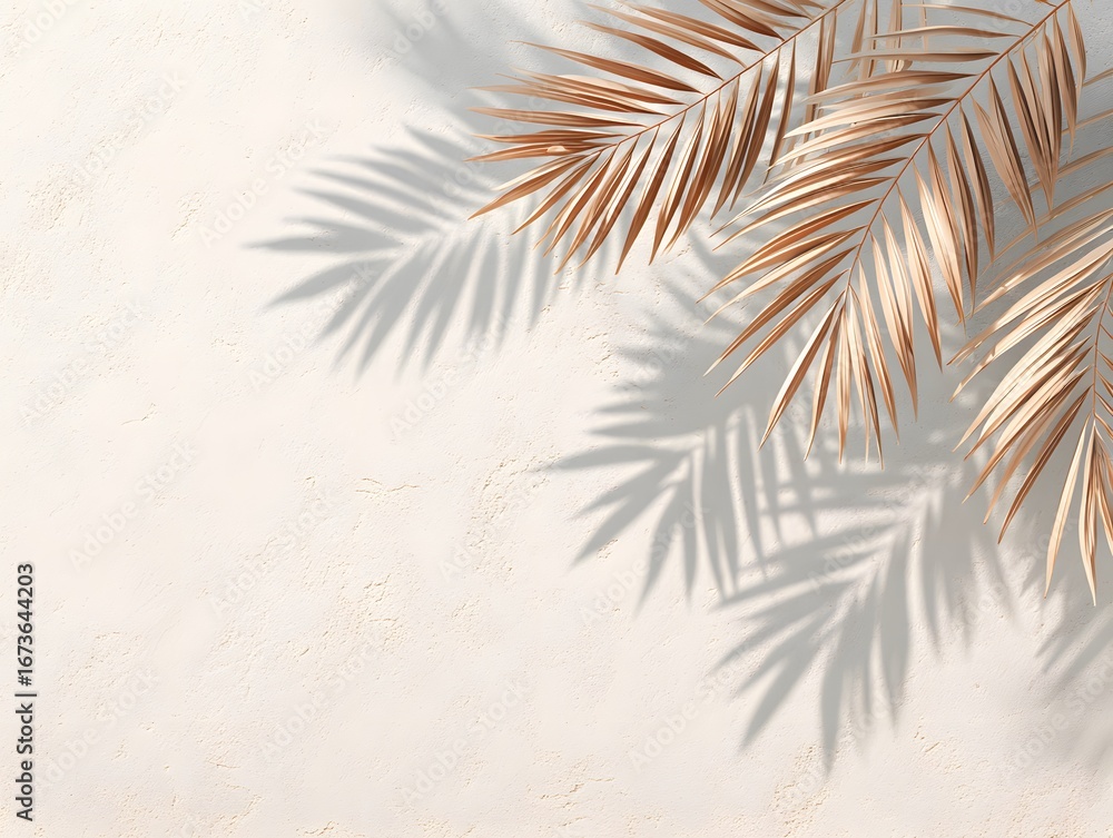 Fototapeta premium soft blurred sunlight shadow of palm leaves over white painted wall