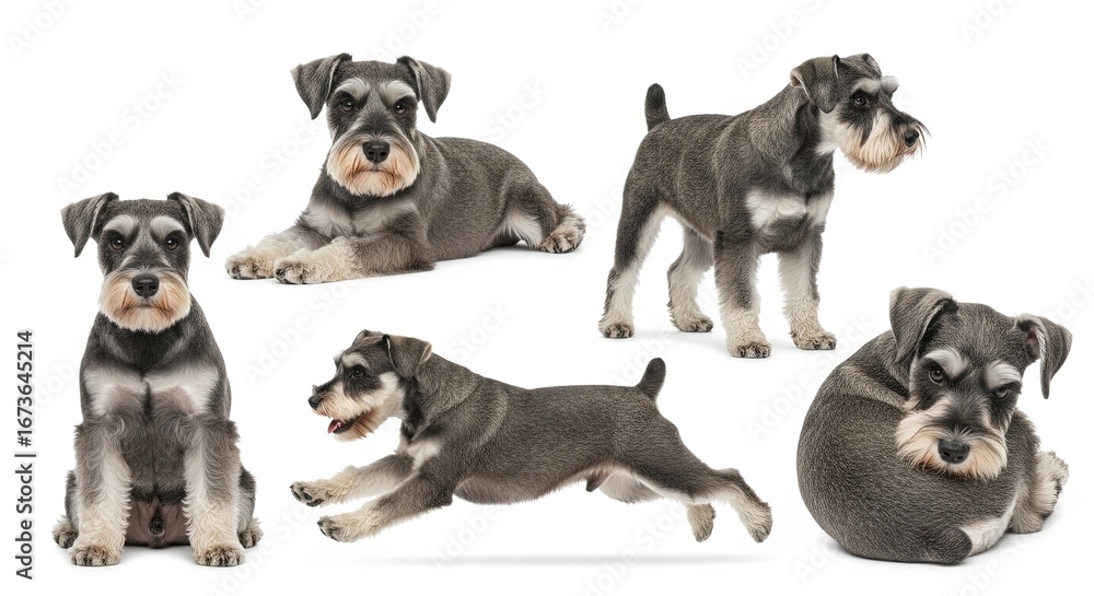 Obraz premium Miniature Schnauzer puppies in various playful poses on white background 