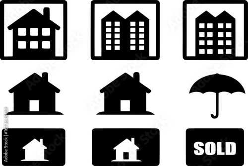 A 2D grid of simple black icons symbolizing property and location, including houses, apartment towers, an umbrella, a hospital, and a sold sign, all evenly arranged on white.