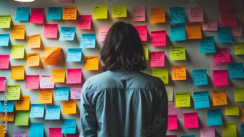 Person Standing in Front of Colorful Sticky Notes on Wall for Creative Planning and Idea Organization in Modern Workspace