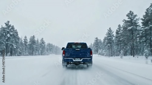 Blue pickup truck driving on snowy winter road in forest 
