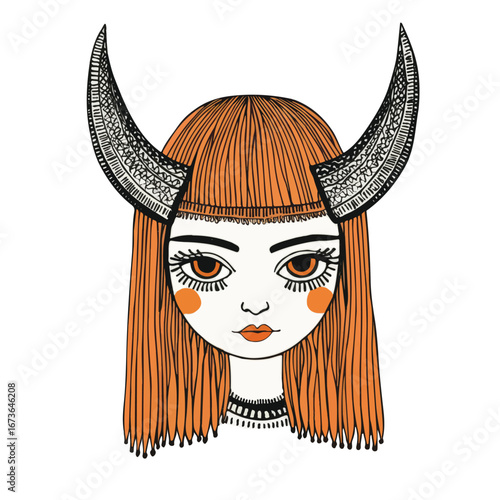 Adorable Girl with Horns Illustration | Fantasy Character Portrait Vector