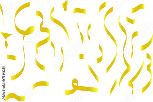 Golden confetti and serpentine ribbons falling against a white background, creating a festive and celebratory atmosphere.