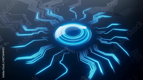 Futuristic technology interface with glowing blue circle energy source, this is abstract digital power button on circuit board central data hub for innovation system a powerful tech activation concept