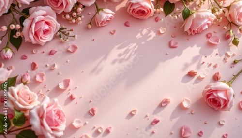 powdery rose fade theme with pale pink with almond white, romantic pastel transition, scattered soft sparkle, centered radiant rose light, powdery and pastel