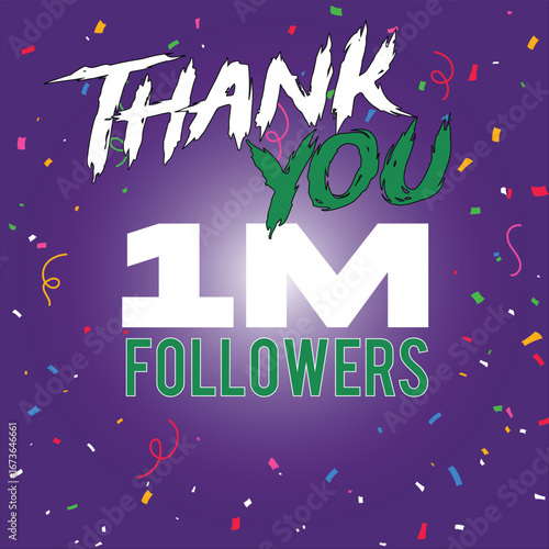 1 million Followers Thank you design confetti 1 m follower thank you premium gradient background 1 m thank you  followers design celebrating Premium vector illustration thank you 1 million followers.