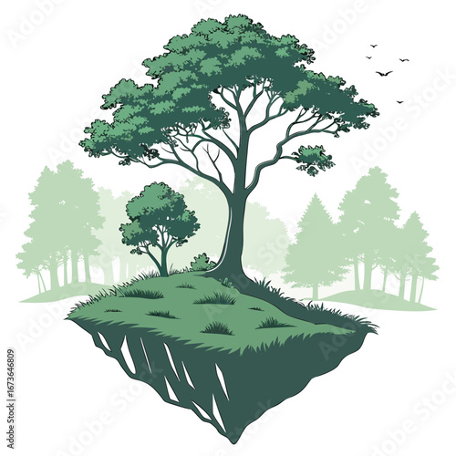 A majestic tree stands on a floating island with a forest and birds in the background