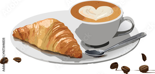 Illustrated breakfast scene with latte and croissant inspires calm, focus, and gratitude
