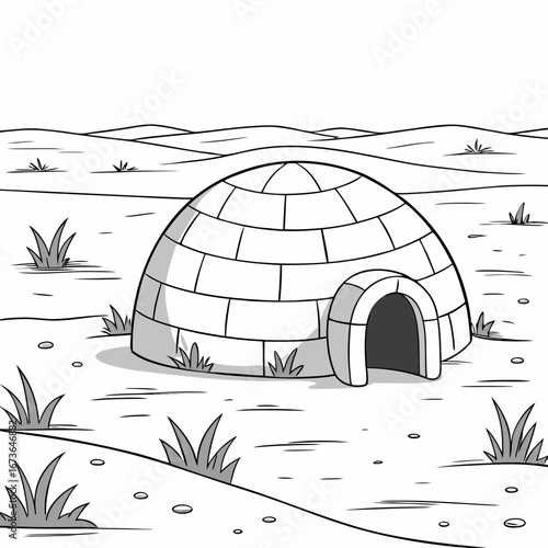 A simple black and white illustration of an igloo dwelling on a snowy landscape with grass and hills