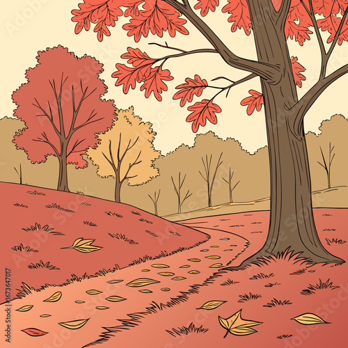 A winding path through a park covered in fallen leaves during the vibrant autumn season