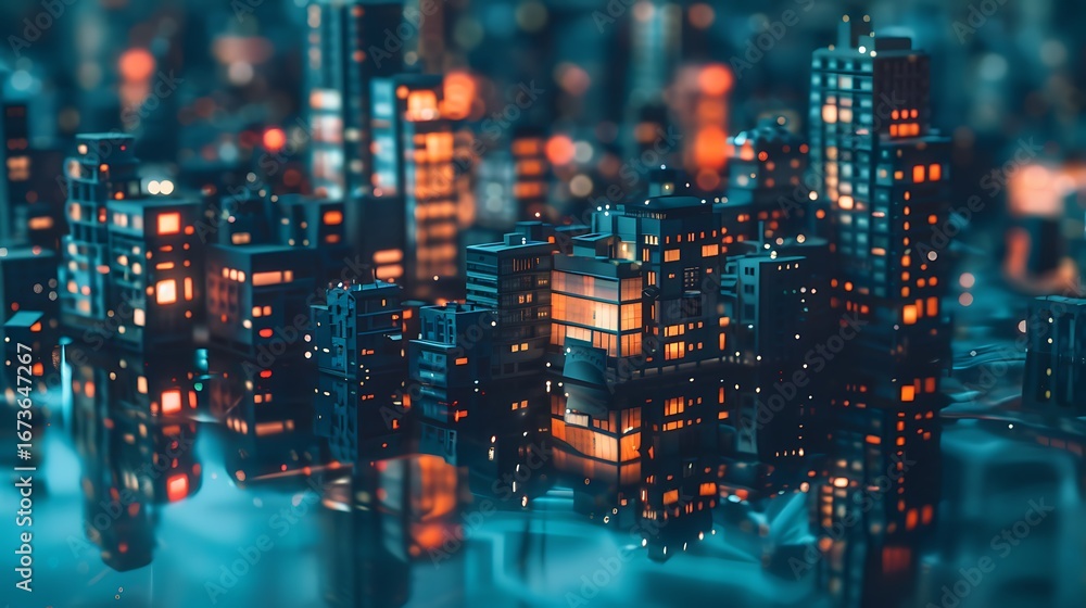 Naklejka premium Reflective Cityscape Still Life with Miniature Structures, Soft Natural Lighting, Minimalist Room, Surreal Artistic Atmosphere, Photorealistic Aesthetic