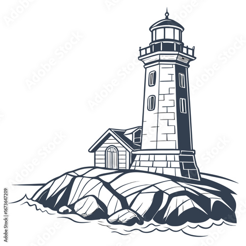 Classic lighthouse standing tall on a rocky shore with waves crashing against the coastline