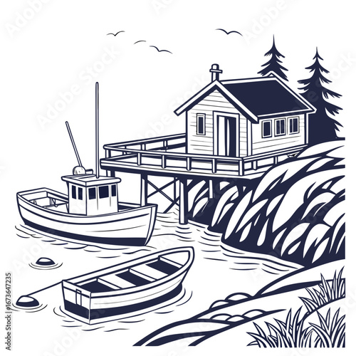 Coastal fishing village scene with a wooden cabin on stilts and boats docked in the water