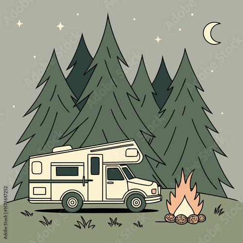 Cozy camper van parked in a forest campsite with a crackling campfire under a starry night sky