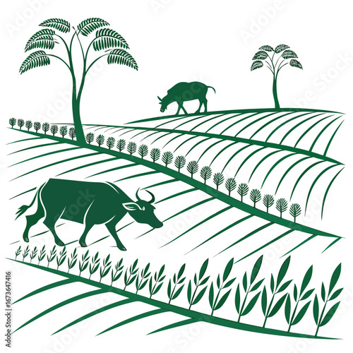 Green silhouette of water buffaloes grazing in a lush field with trees and rows of plants