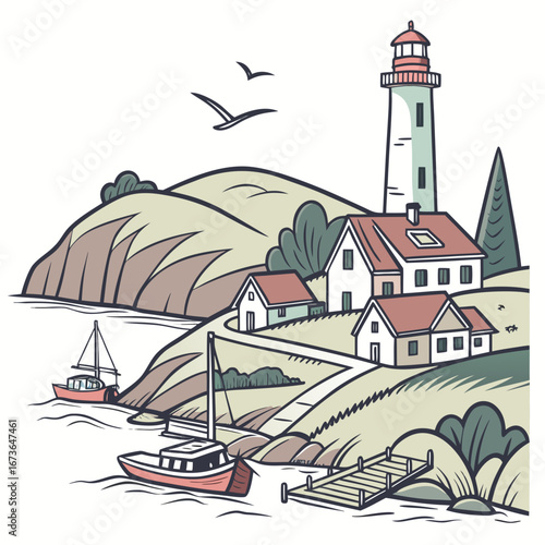 Idyllic coastal village scene with a lighthouse houses boats and seagulls flying overhead