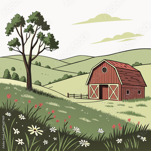 Idyllic countryside scene with a red barn rolling green hills a large tree and wildflowers in the foreground