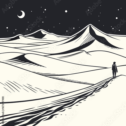 Lone figure walks across vast desert dunes under a starry night sky with a crescent moon