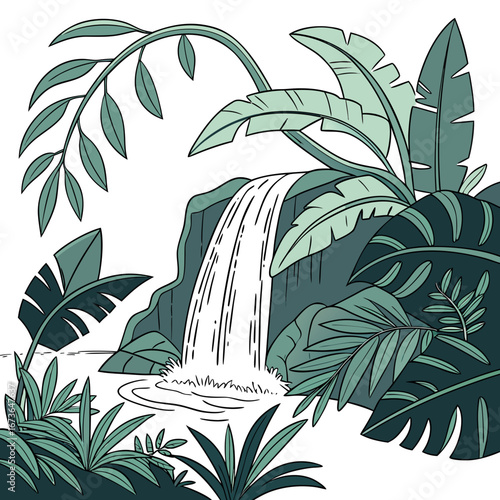 Lush jungle waterfall surrounded by tropical plants and foliage in a serene natural landscape