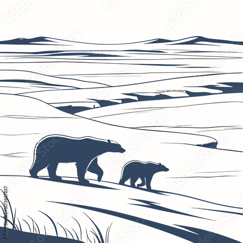 Mother and cub polar bears walking across a snowy landscape under a stylized sky