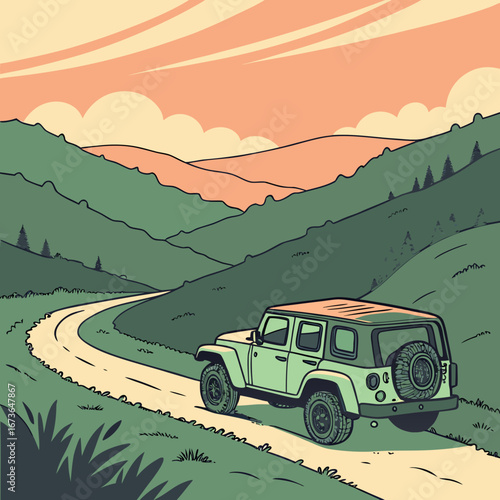 Off road adventure in a vintage style suv driving on a winding mountain road at sunset