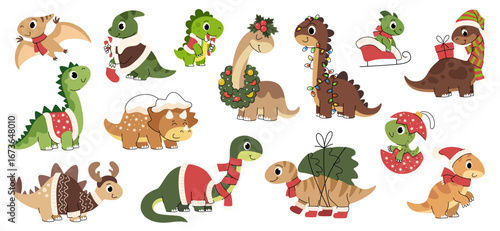 Cartoon children Christmas dinosaurs set. Animal characters with festive clothes and accessories. Cute dinosaurs with gifts, Christmas tree, sock, scarves. Collection isolated on white background.