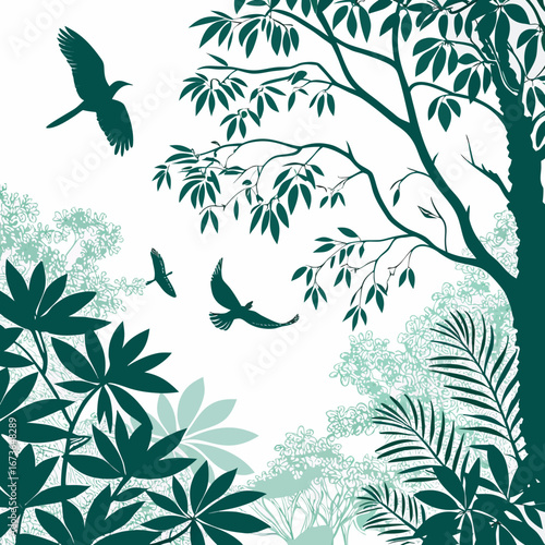 Silhouettes of birds flying through a lush forest canopy with large leaves and delicate foliage