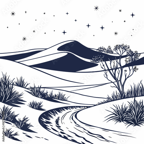 Stylized desert landscape with rolling dunes a winding path sparse vegetation and a star filled night sky