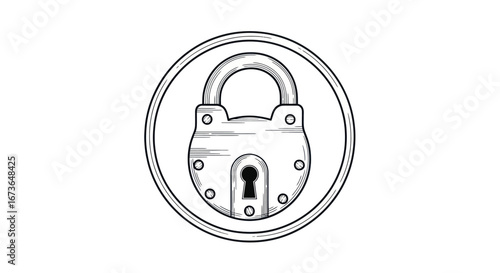 Vintage Circular Padlock with Keyhole Illustration.