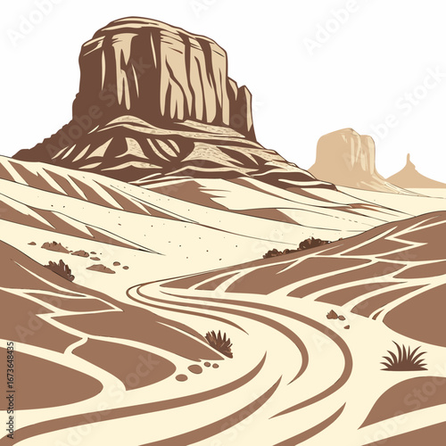 Stylized desert landscape with iconic mesas and a winding dirt road under a clear sky