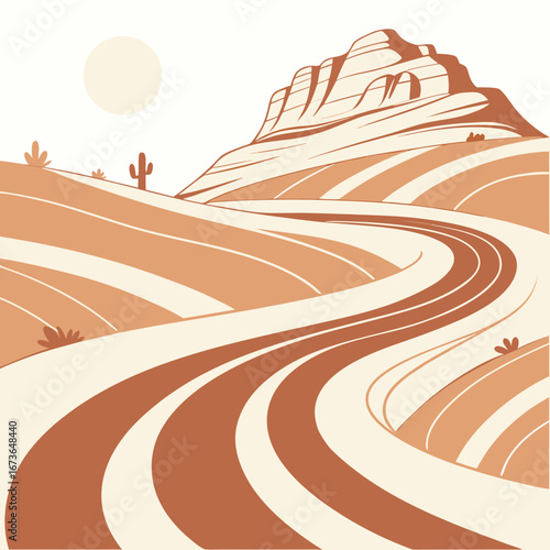 Stylized desert landscape with winding road leading to majestic layered mountains under a pale sun