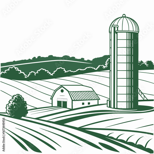 Stylized green illustration of a farm with rolling hills a barn and a silo under a white sky