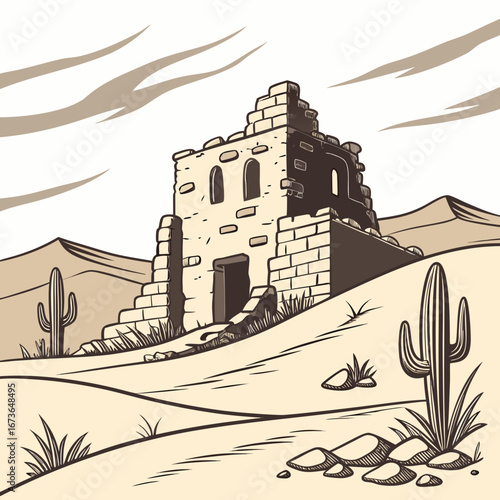 Stylized illustration of a crumbling adobe building in a desert landscape with saguaro cacti and rolling hills