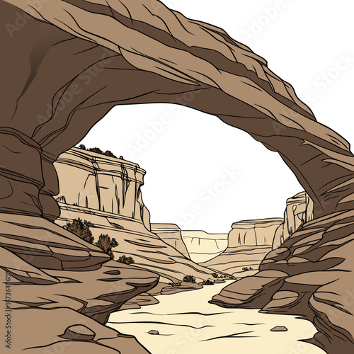 Stylized illustration of a natural rock arch spanning a desert canyon with a dry riverbed below