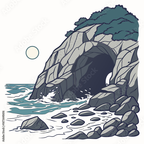Stylized illustration of a rocky coastline with a sea cave and gentle waves under a pale moon