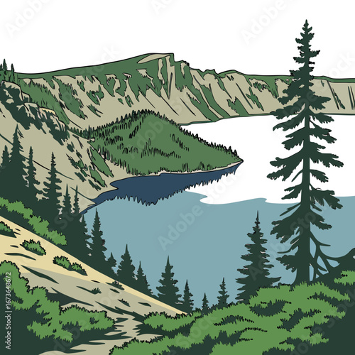 Stylized illustration of a serene mountain lake surrounded by pine trees and rugged cliffs