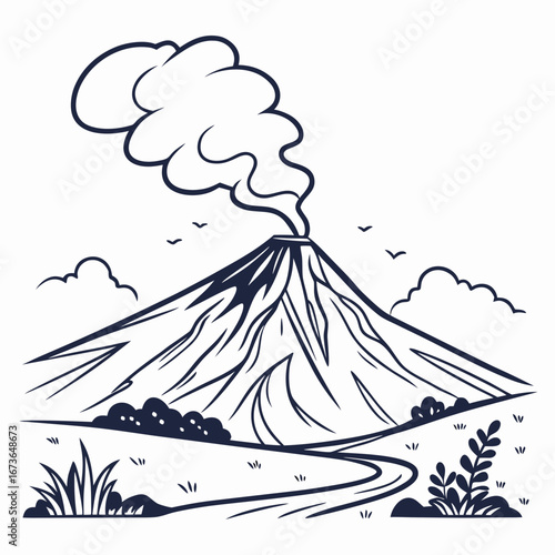 Stylized illustration of a smoking volcano erupting with smoke plumes and birds flying in a cloudy sky