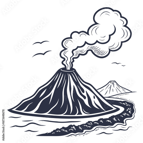 Stylized illustration of a smoking volcano erupting with smoke plumes against a clear sky and distant mountain