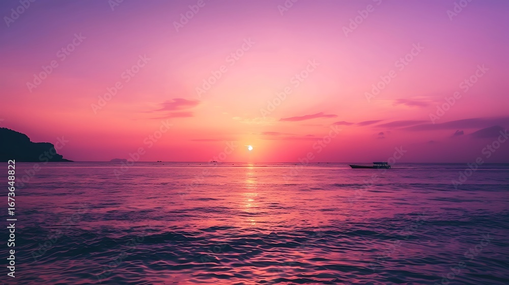 Naklejka premium Panoramic Sunset Gradients of Pink, Purple, and Orange Over Calm Sea, Mirroring Horizon, Distant Island Silhouettes, Soft Light Shifts, Serene Dreamy Ambiance, Minimalistic 8K Skyline