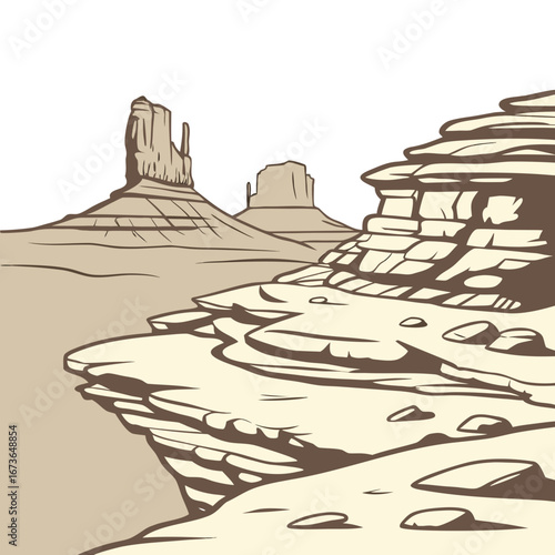 Stylized illustration of iconic desert mesas and rock formations under a clear sky