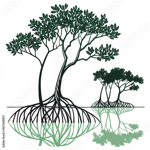 Stylized illustration of mangrove trees with prominent aerial roots and their reflections in water