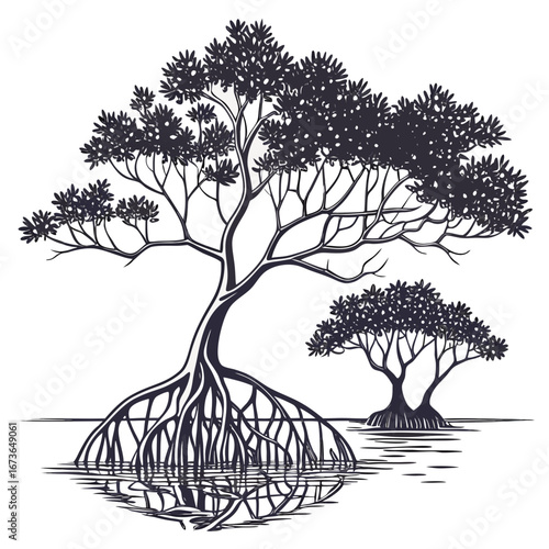 Stylized silhouette of mangrove trees with exposed roots and reflections in water