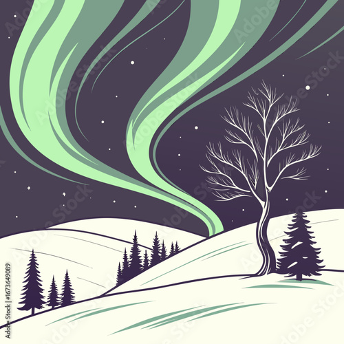Stylized winter landscape with green aurora borealis dancing in the starry night sky over snow covered hills and silhouetted trees