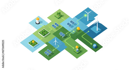 Isometric illustration of a smart grid network connecting renewable energy sources like wind turbines and solar panels for a sustainable future