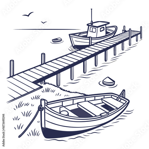 Two boats tied to a wooden pier on a calm lake with seagulls flying overhead