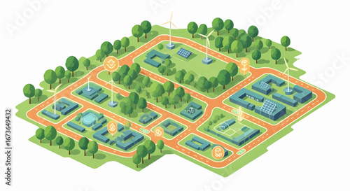 Sustainable urban planning concept featuring a green city with smart technology and clean energy infrastructure