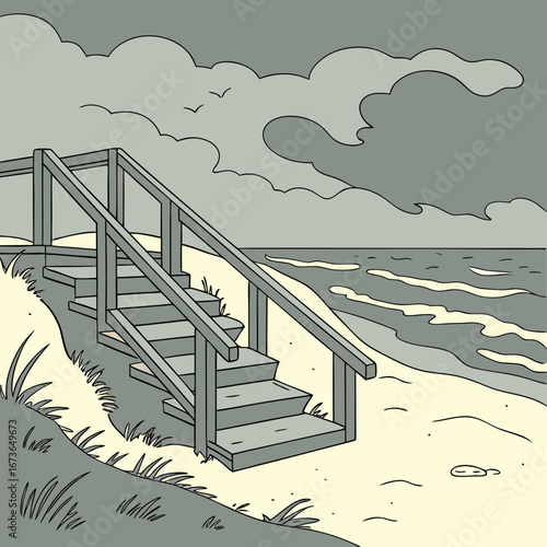Wooden stairs lead down to a sandy beach with gentle waves under a cloudy sky